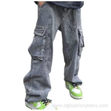 Men Cargo Work Pants Stone Wash Jeans